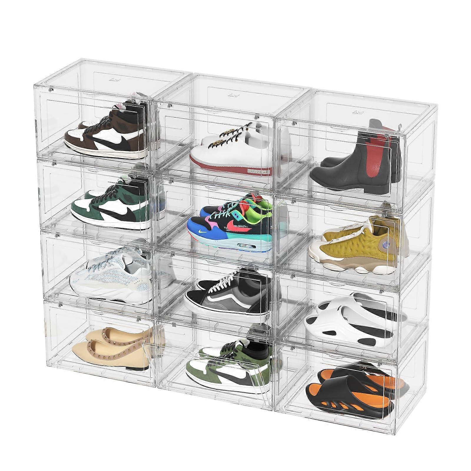 12 Pack Clear Shoe Storage Boxes Stackable Sneaker Display Case for Size 12 Shoes