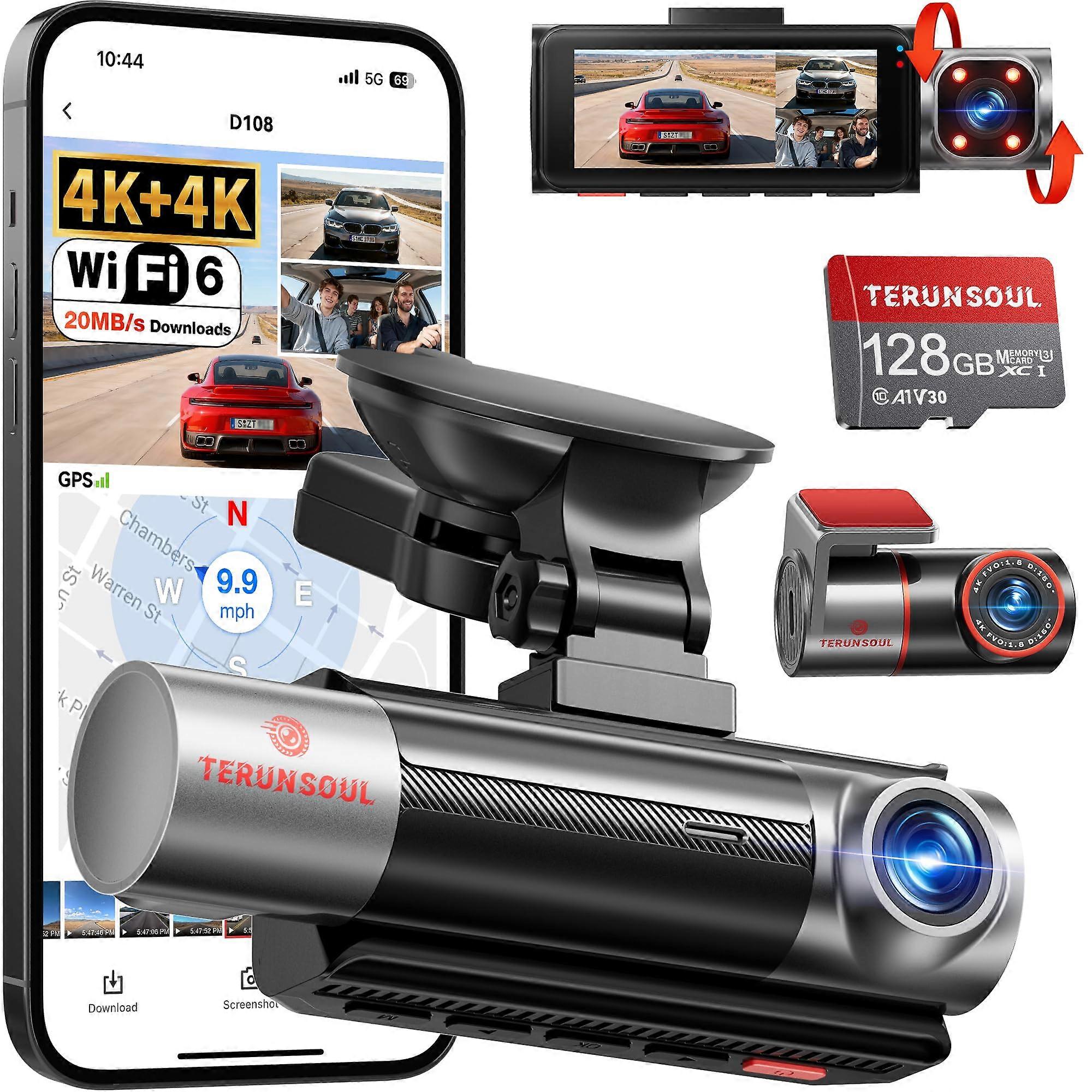 4K 3 Channel Dash Cam Front Rear Cabin View, WiFi 6 GPS, IR Night Vision, 24H Parking Mode