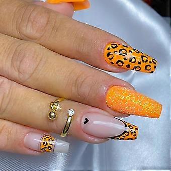 Orange French Tip Press On Nails Leopard Print Almond Shape Fake Nails with Glue for Halloween 24pcs