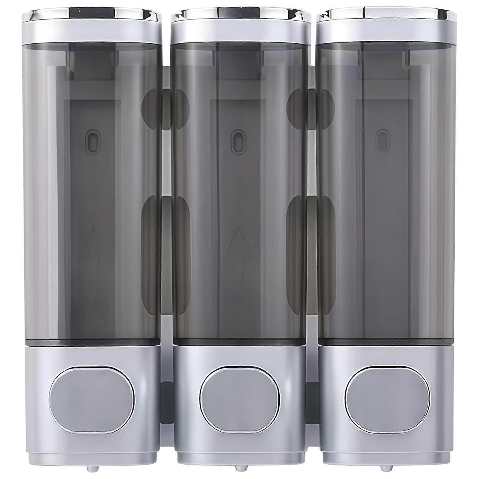 Wall Mounted Shower Dispenser 3 Chamber No Drill Shampoo Conditioner Soap Container Silver