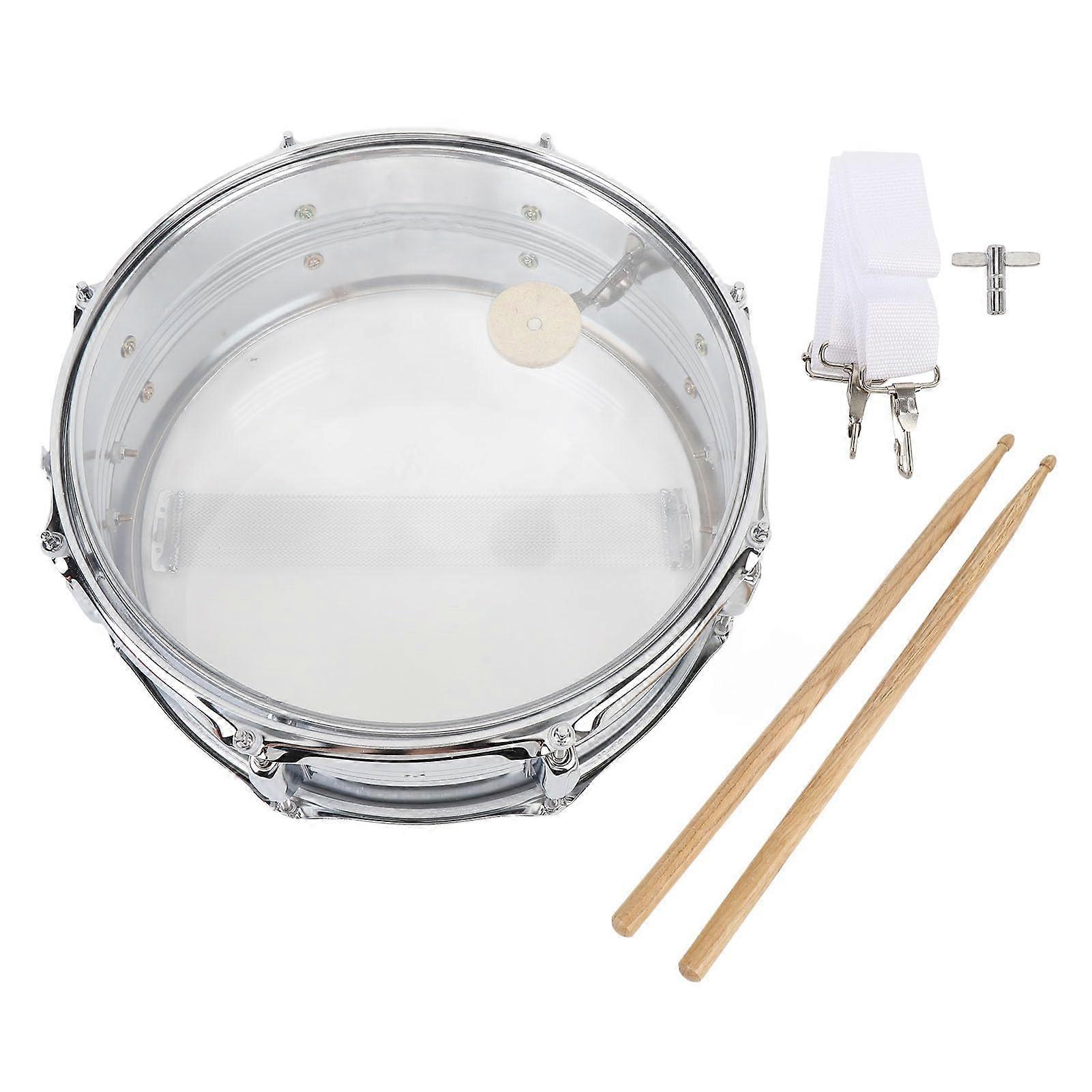 14 Inch Transparent Snare Drum for Beginners with Sticks and Adjustable Shoulder Strap