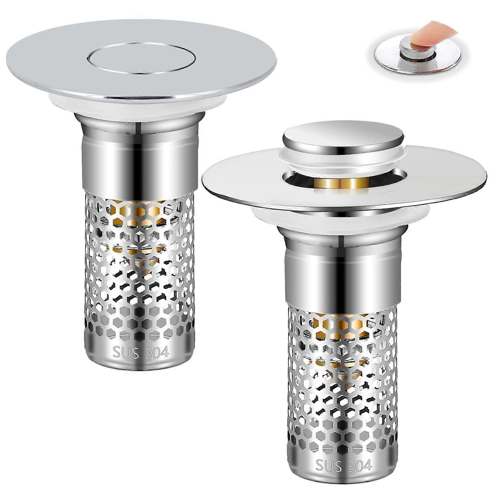 2 Pack Universal Bathroom Sink Stopper with AntiClog Basket Strainer, Pop Up Drain Filter Silver
