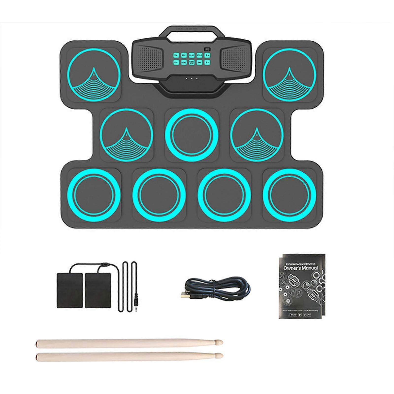 Electronic Drum Pad 9Pad Roll Up Kit with Dual Pedals Rechargeable Silicone Surface Builtin Speaker