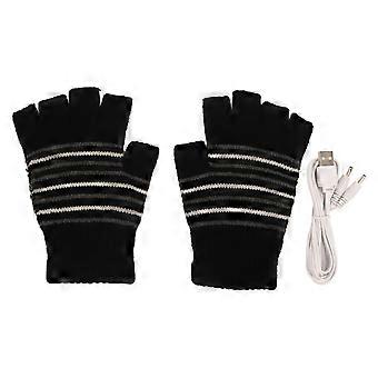 USB Heating Winter Gloves Safe Washable Fingerless Knitting Gloves for Work Learn Outdoors Striped Black