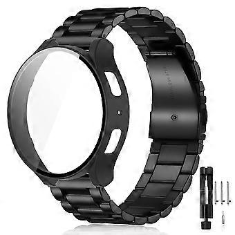 Compatible For Samsung Galaxy Watch6 44mm 3-Bead Stainless Steel Band + Full Cover PC Watch Case with Removal Tool