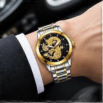 Fenzun Men's Quartz Watch Two-Tone Gold Silver Steel Band Black Dial Dragon Waterproof Luminous Slim Couple JY
