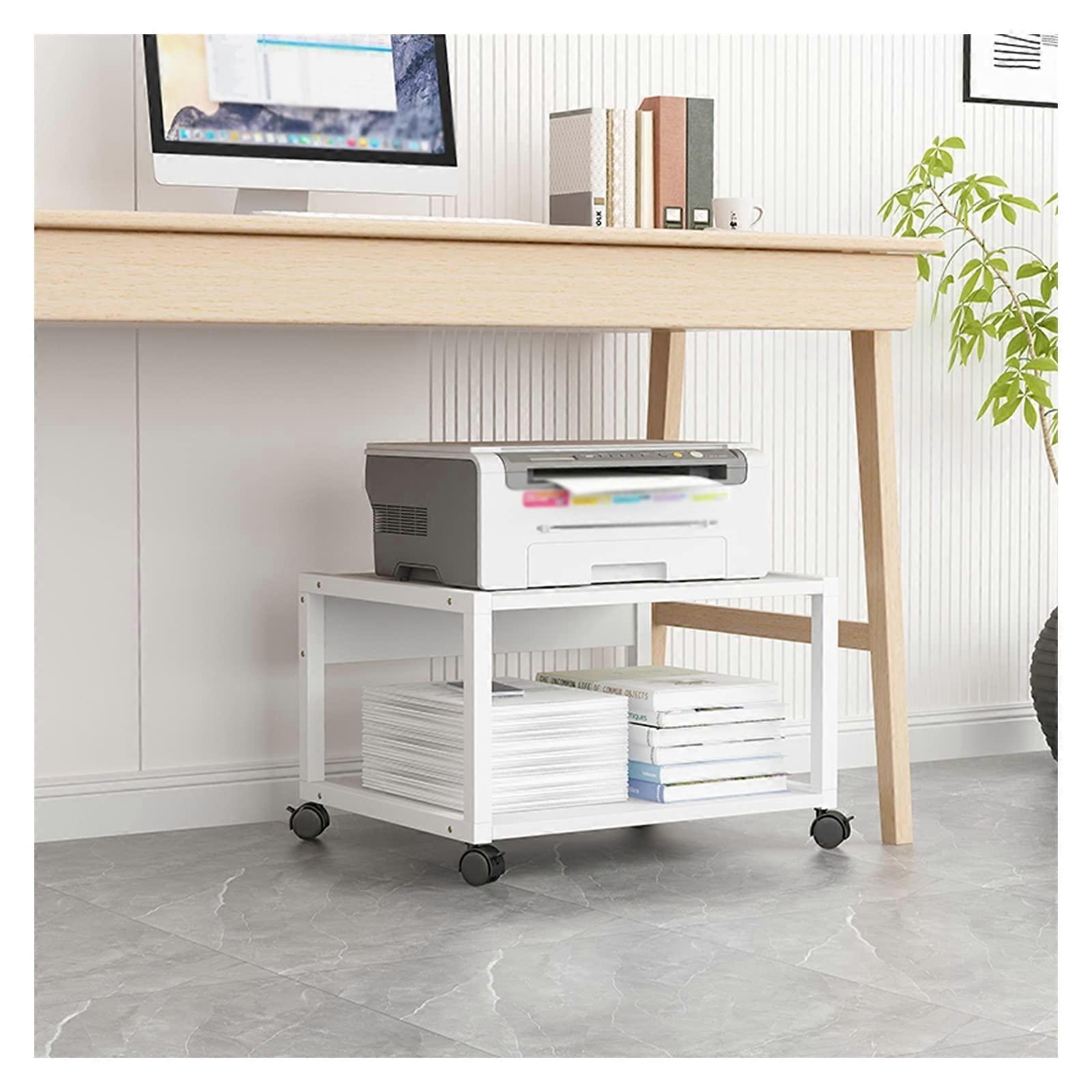 Under Desk Printer Stand with Wheels, 2Tier Cart, Locking 4 Wheels, White for Mini 3D Printer