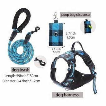 3-Piece Escape-Proof Dog Harness & Leash Set, Adjustable Soft Breathable Vest with Night Reflex, Poop Bag Dispenser for Medium & Large Dogs