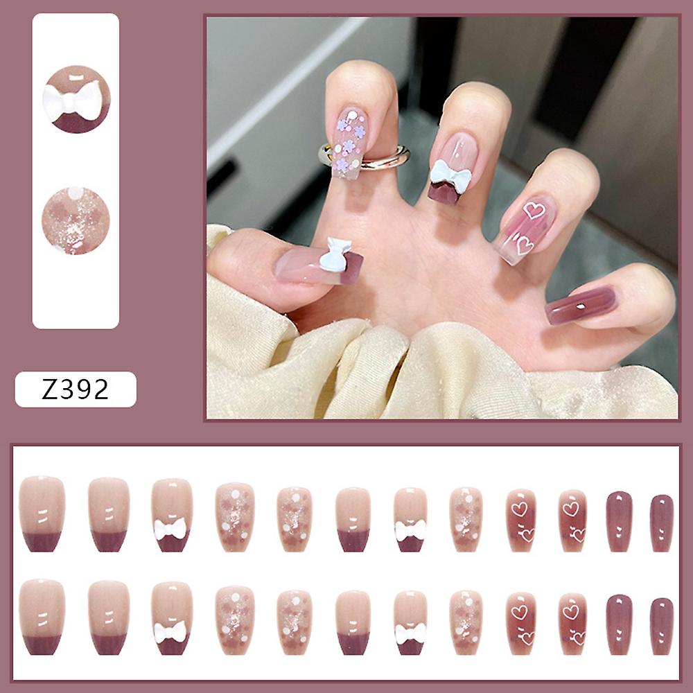 24pcs Purple False Nails 3d White Bow Short Ballet Nails
