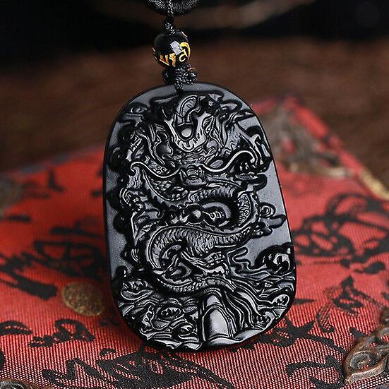 Black Dragon Blessing Natural Hand Necklace Beads Pendant Lucky Obsidian Carved