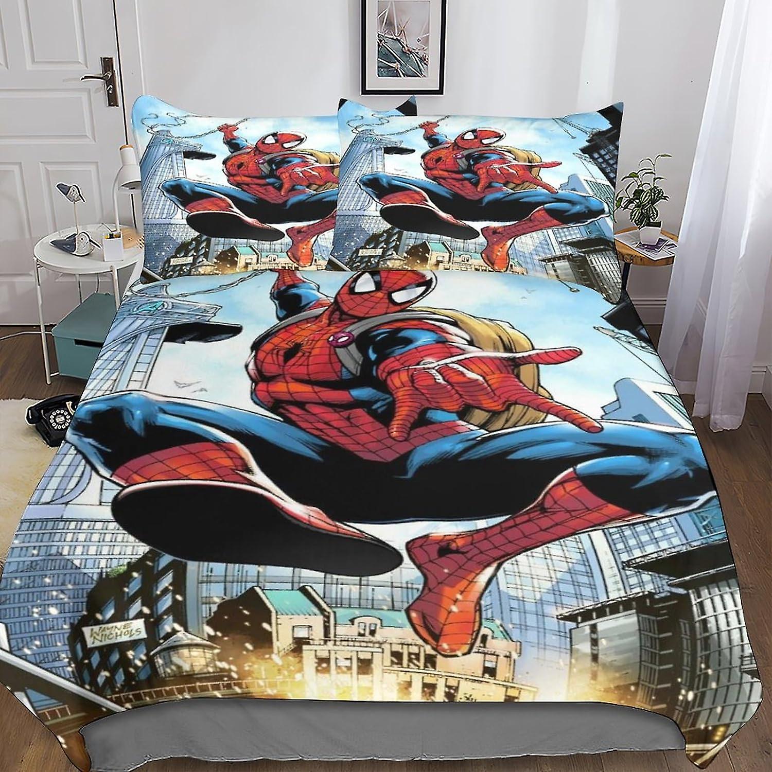 Spiderman Quilt Cover Set with Hidden Zipper Closure - Cozy Microfiber Movie Bedding, 3D Print, 3-Piece Set with Pillowcases, Perfect for Boys And Gir