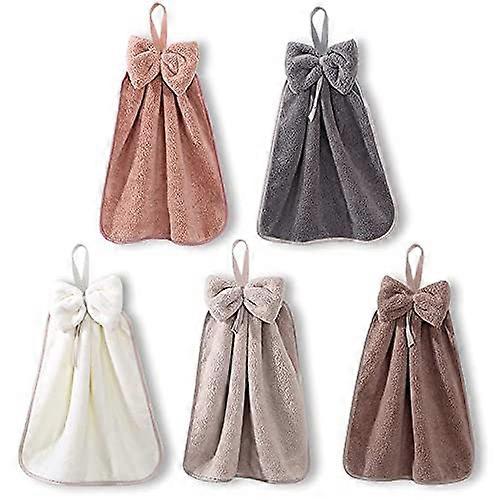 5 Pcs Bow Hand Towels with Hanging Loop - Microfiber Coral Fleece Hanging Band Towel (5 Colors)