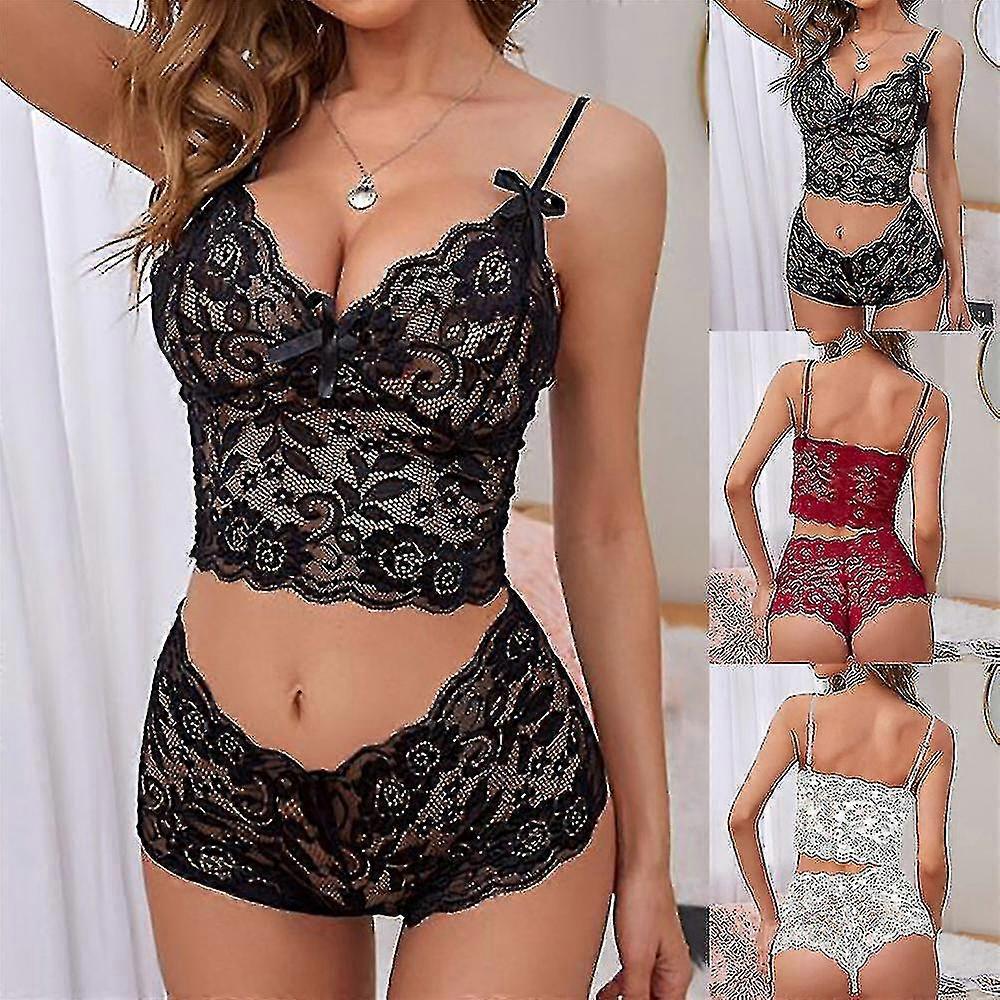 בגדי ריקוד נשים סט הלבשה תחתונה סקסית 2022 שחור תחרה מכנסיים קצרים צבע אחיד עליונית גופייה Camisole צינור עליון סט הלבשה תחתונה דפוס פרחוני סט הלבשה תחתונה