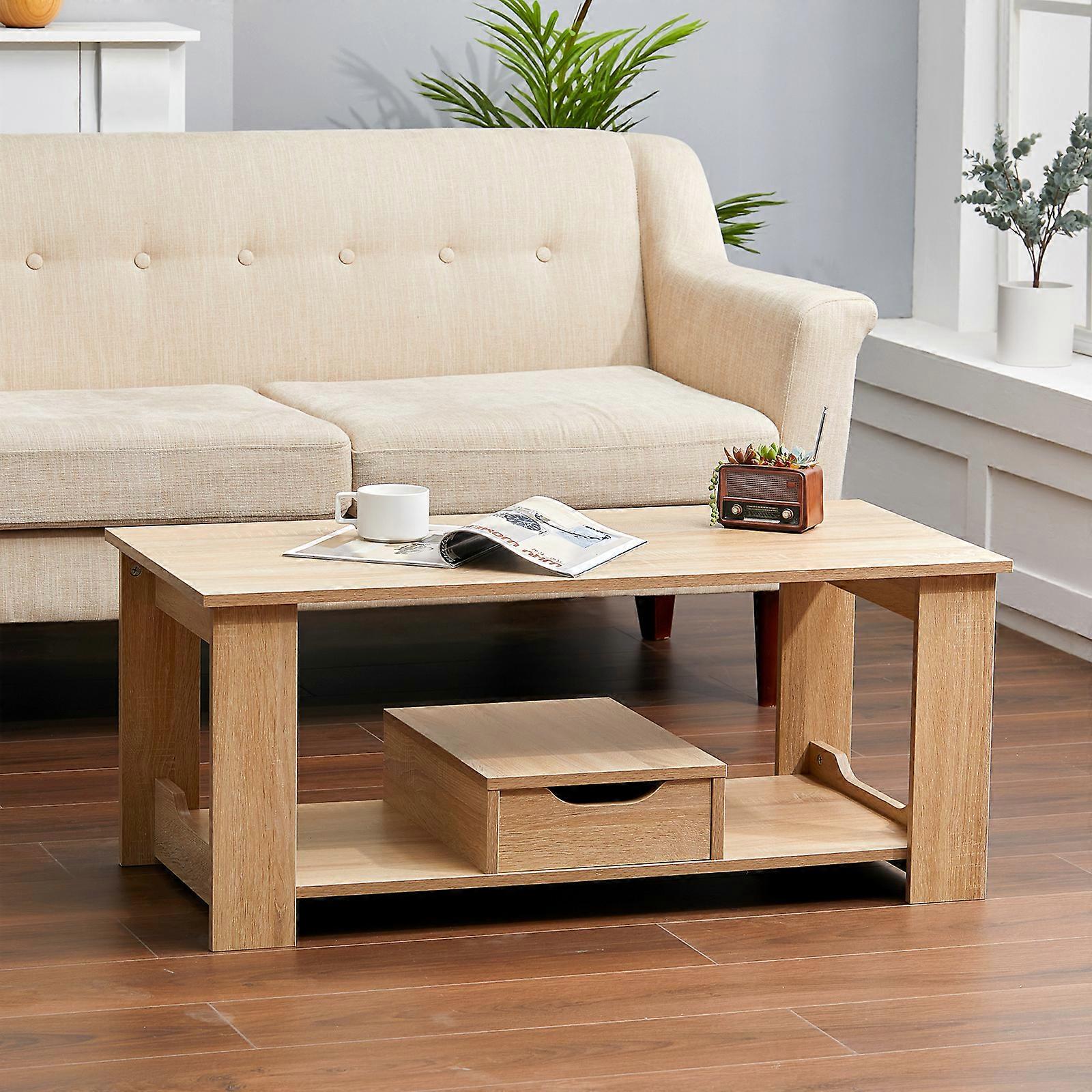 Modern 2 Tier Oak Coffee Table Side Table With Drawer