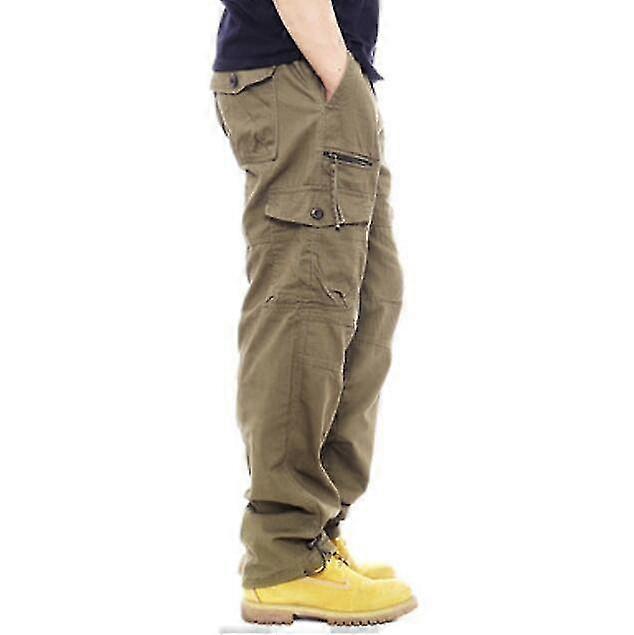 Calças de trabalho casuais de algodão solto com vários bolsos para homens