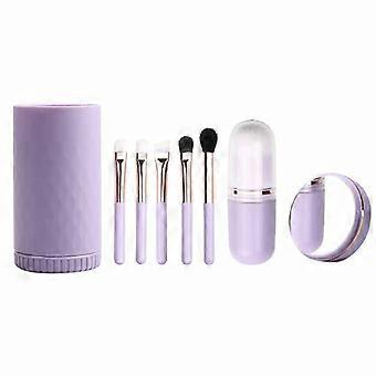 6 IN 1 Portable Travel Makeup Brush Set, 6pcs Easy-taken Mini Complete Function Cosmetic Brushes Kit with Holder and Mirror (purple)