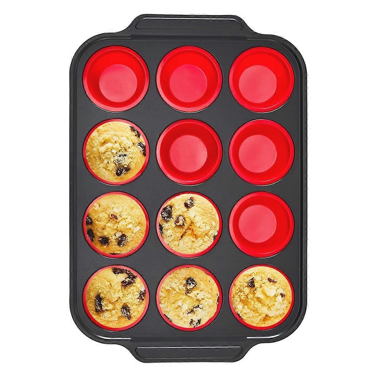 Silicone Muffin Pan with Metal Frame, Egg Bite Maker Silicone Molds for Baking, Cupcake Pans 12 Regular Size Red