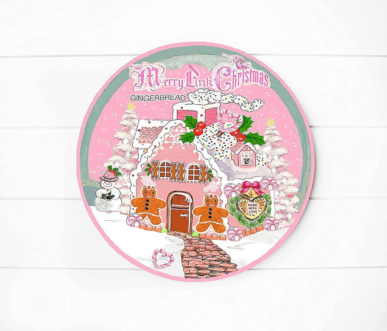 Placa de Madeira Feita à Mão com Estampa de Natal de Gengibre Rosa (8 polegadas com cordão de juta)