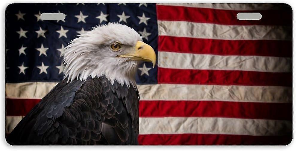 العلم الأمريكي أصلع النسر المعدنية علامة السيارة علامة السيارات غطاء لوحة الترخيص مع 2 ثقوب 11.8 × 6.1 بوصة