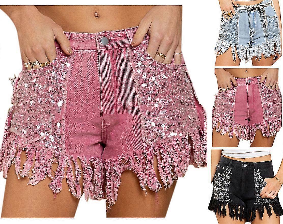 Women's Sequin Pockets Curly Fringe Casual Denim Shorts