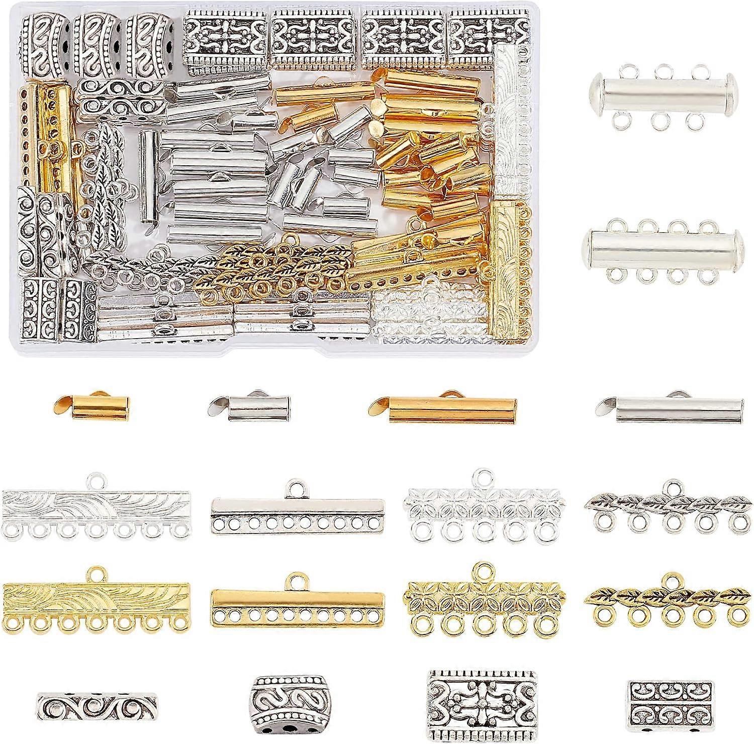 18 Styles Layering Clasp 166pcs Slide Lock Clasps Multi Strand Necklace Slide On End Clasp Tubes Tibetan Charm Connector Links Jewelry Clasps for Laye
