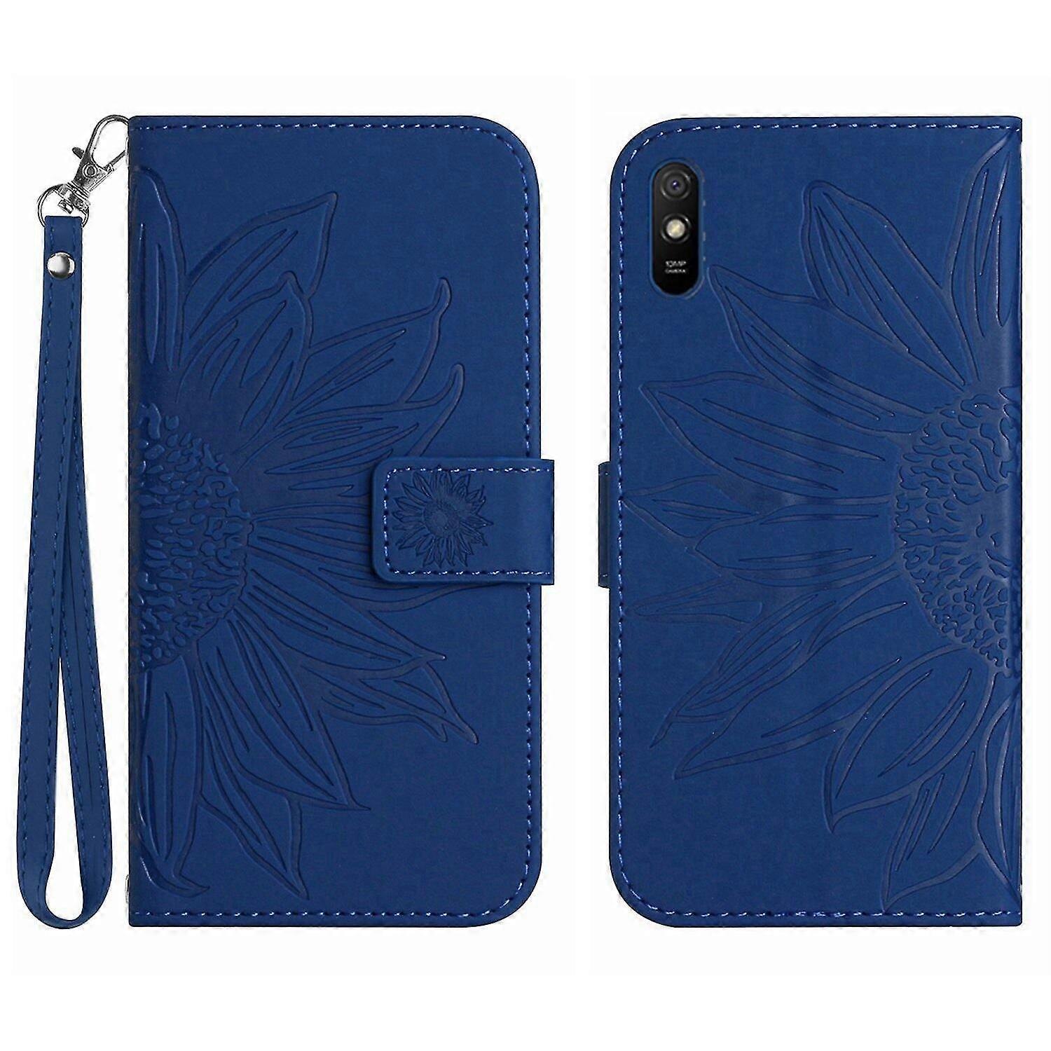 FLOODKING Compatible With Xiaomi Redmi 9A Embossed Sunflower Magnetic Card Holder Wallet Phone Case with Short Strap