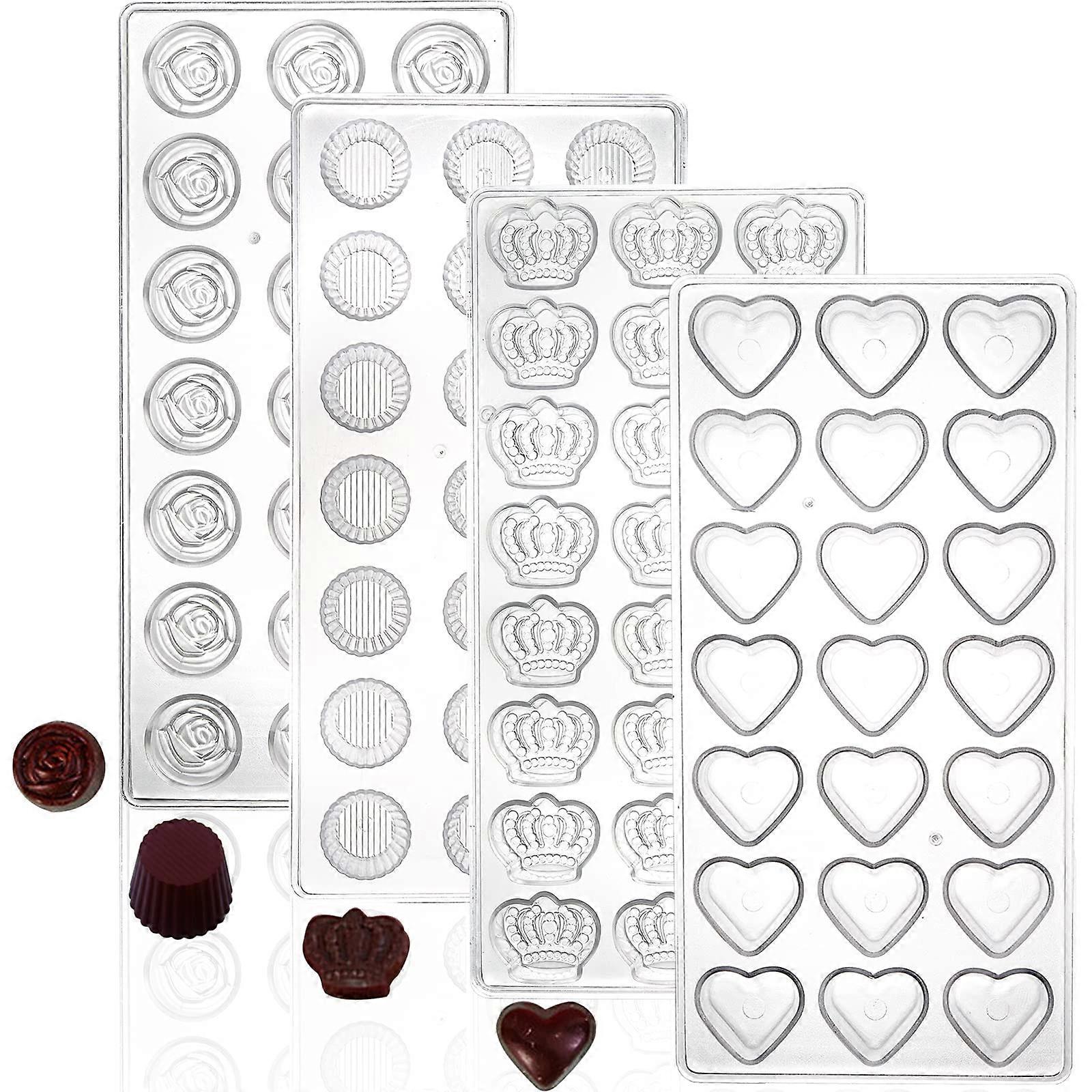4 Pack 87 Grids Polycarbonate Chocolate Mold for Candy, DIY Mousse, Jelly, Cookie Tray, Heart, Rose, and Crown Shapes