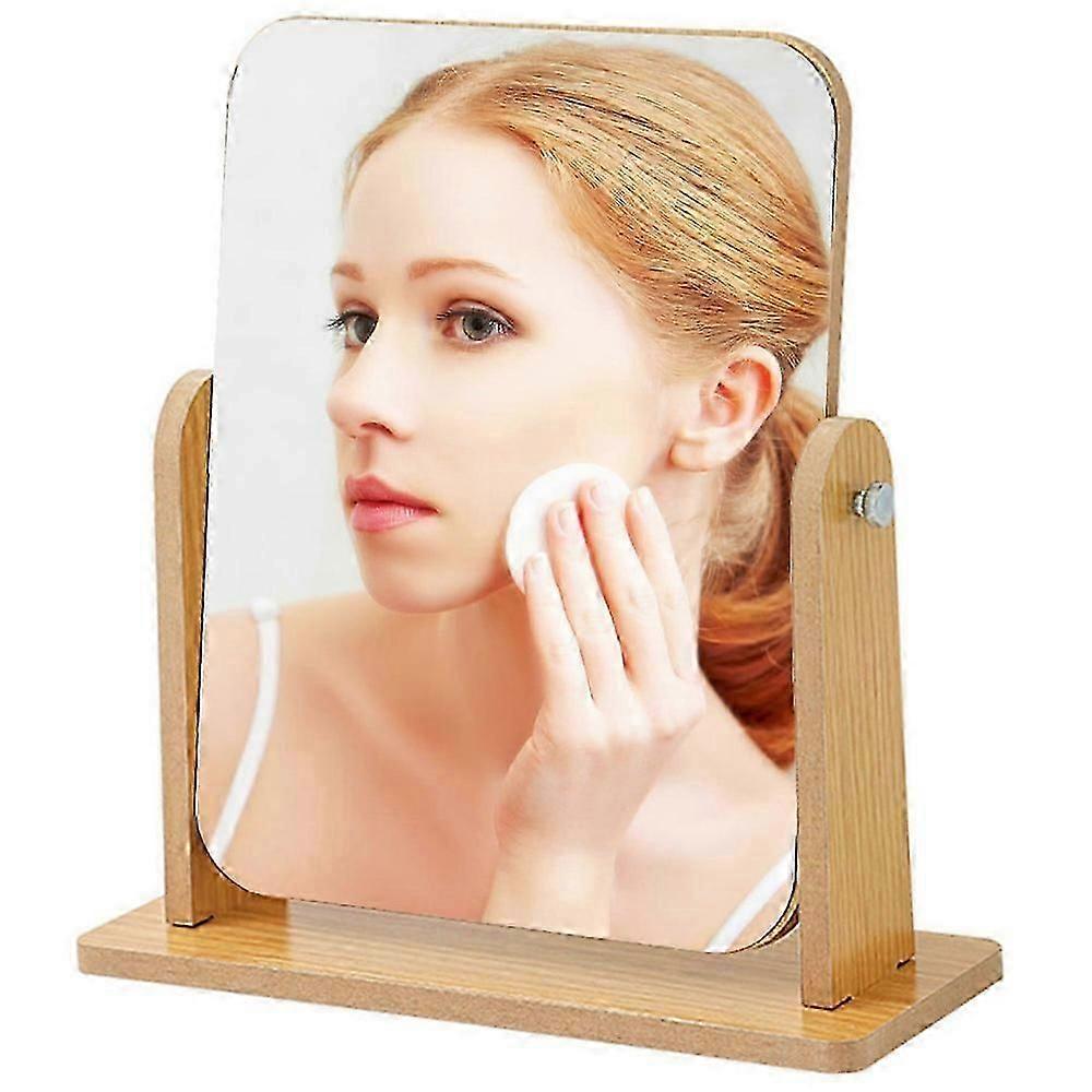 360 Degree Rotating Table Makeup Mirror with Stand 18X20.5CM High Clear Wooden Desktop Mirror Rectangular Mirror for Bathroom, Bedroom, Office, Simpl