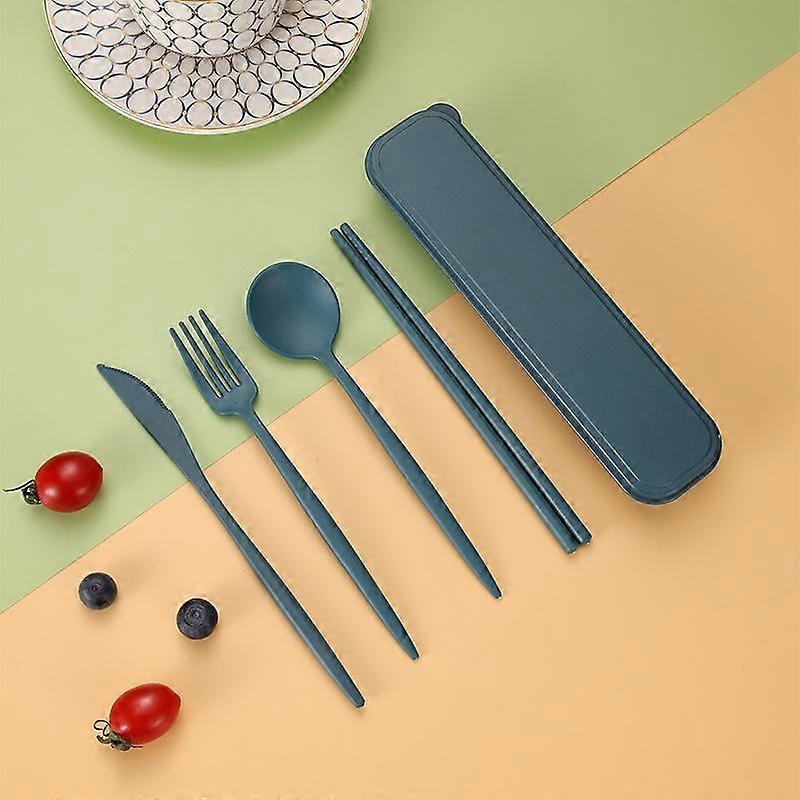 4Pcs Wheat Straw Cutlery Sets Travel Portable Tableware Set With Box Chopsticks Fork Spoon Knife Dinnerware Picnic Cutlery