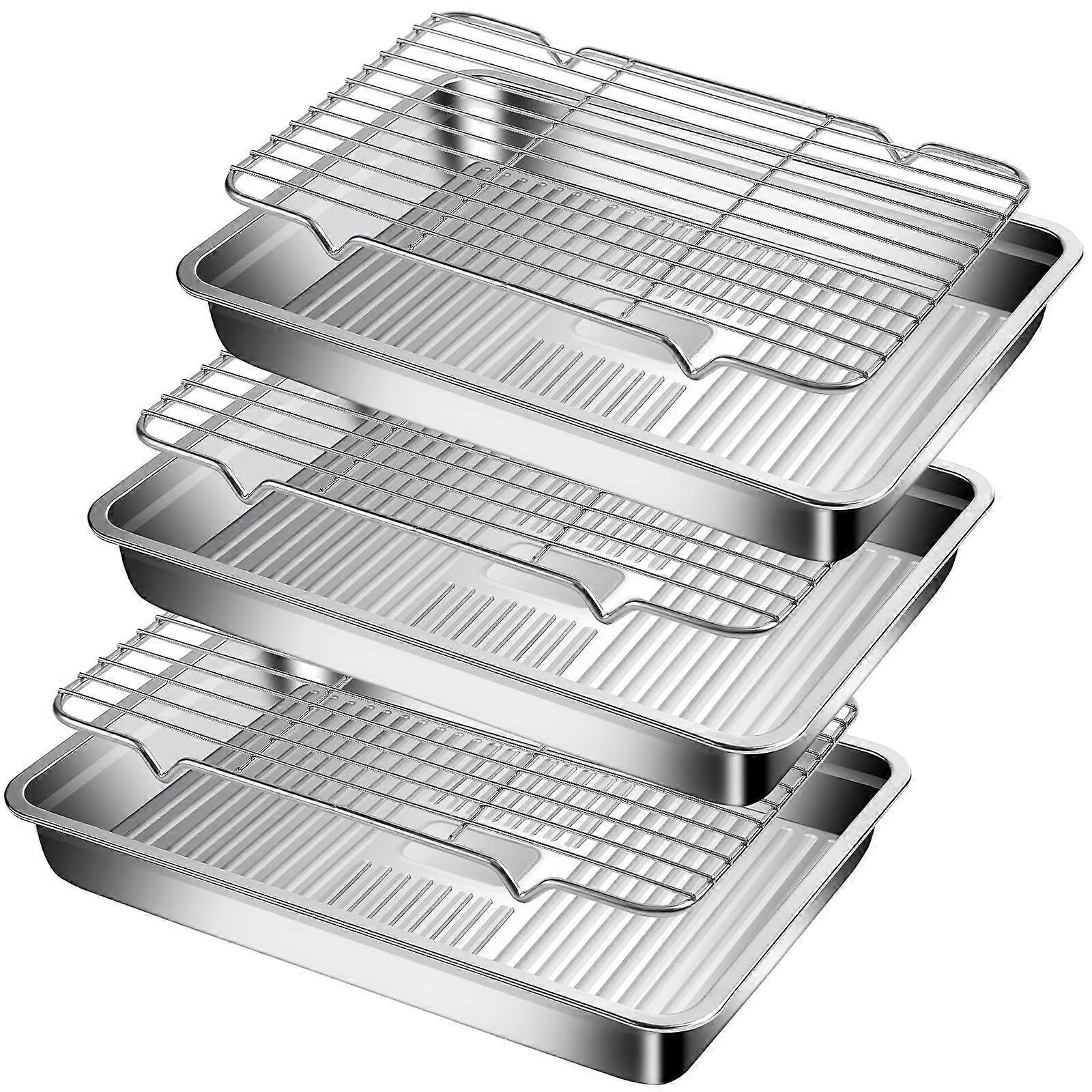 Stainless Steel Baking Tray Set with 3 Trays and Grill for Cooling and Baking Cookies and Pastries