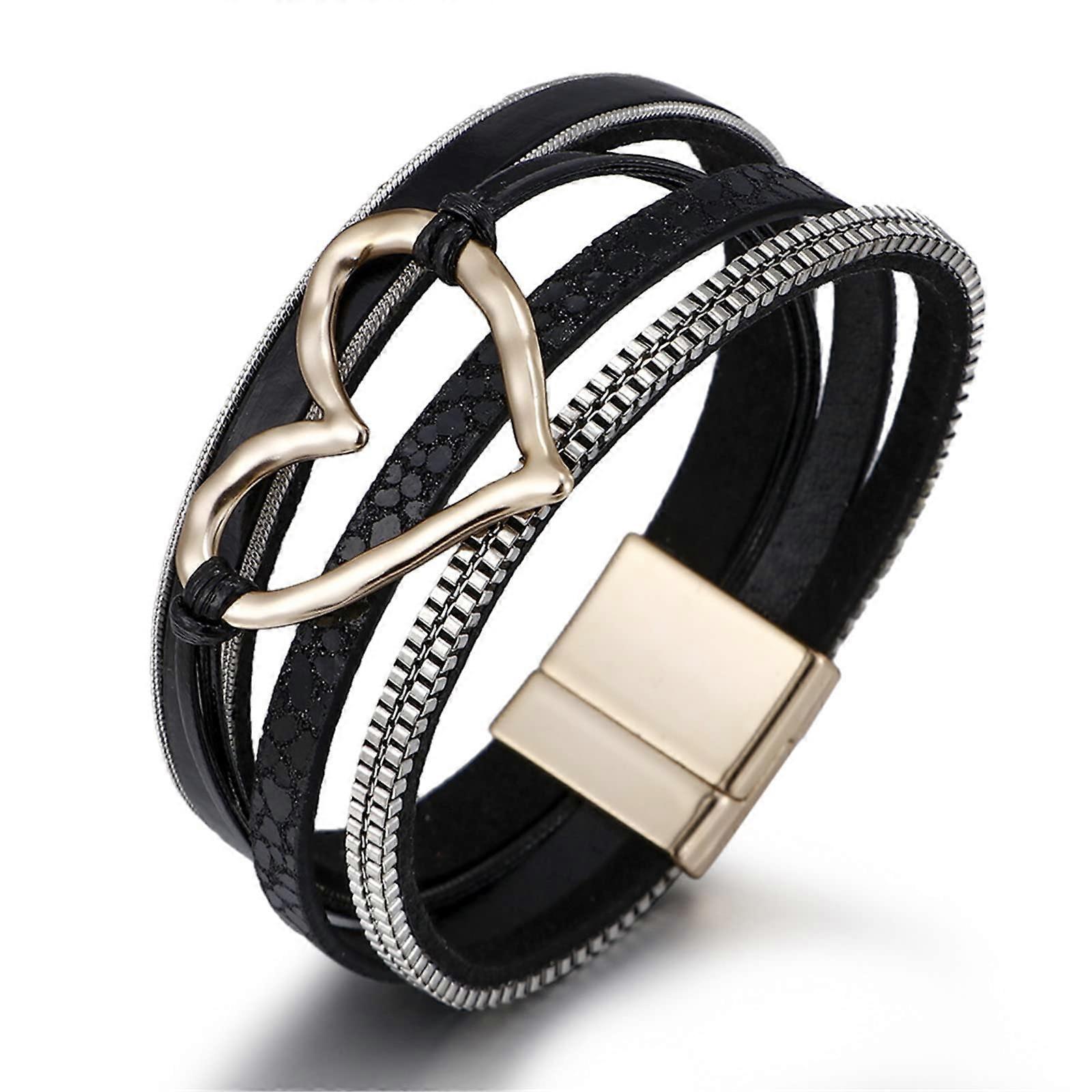 Multi-Layer Bohemian Leather Love Heart Bracelet with Crystal Rhinestone Beads and Leopard Print Design