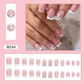 Fransk stil rosa falska naglar med vit kant full täckning fyrkantig konstgjord nagel