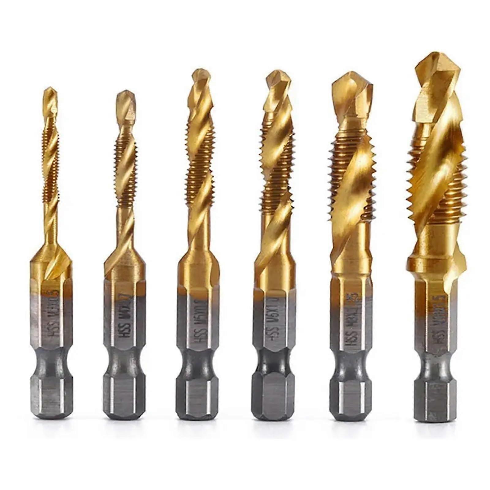 6 pcs/set hexagonal shank drill bits for thread cutting, practical taps for screws, HSS machine thread cutting tools, goldplated drilling bits.
