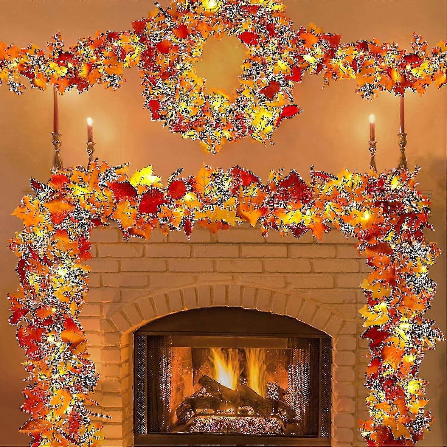 2 Pack Autumn Home Decor Thanksgiving Decorations Lighted Fall Garland with Maple Leaves Totaling 20ft and 40 LED Battery Operated Lights