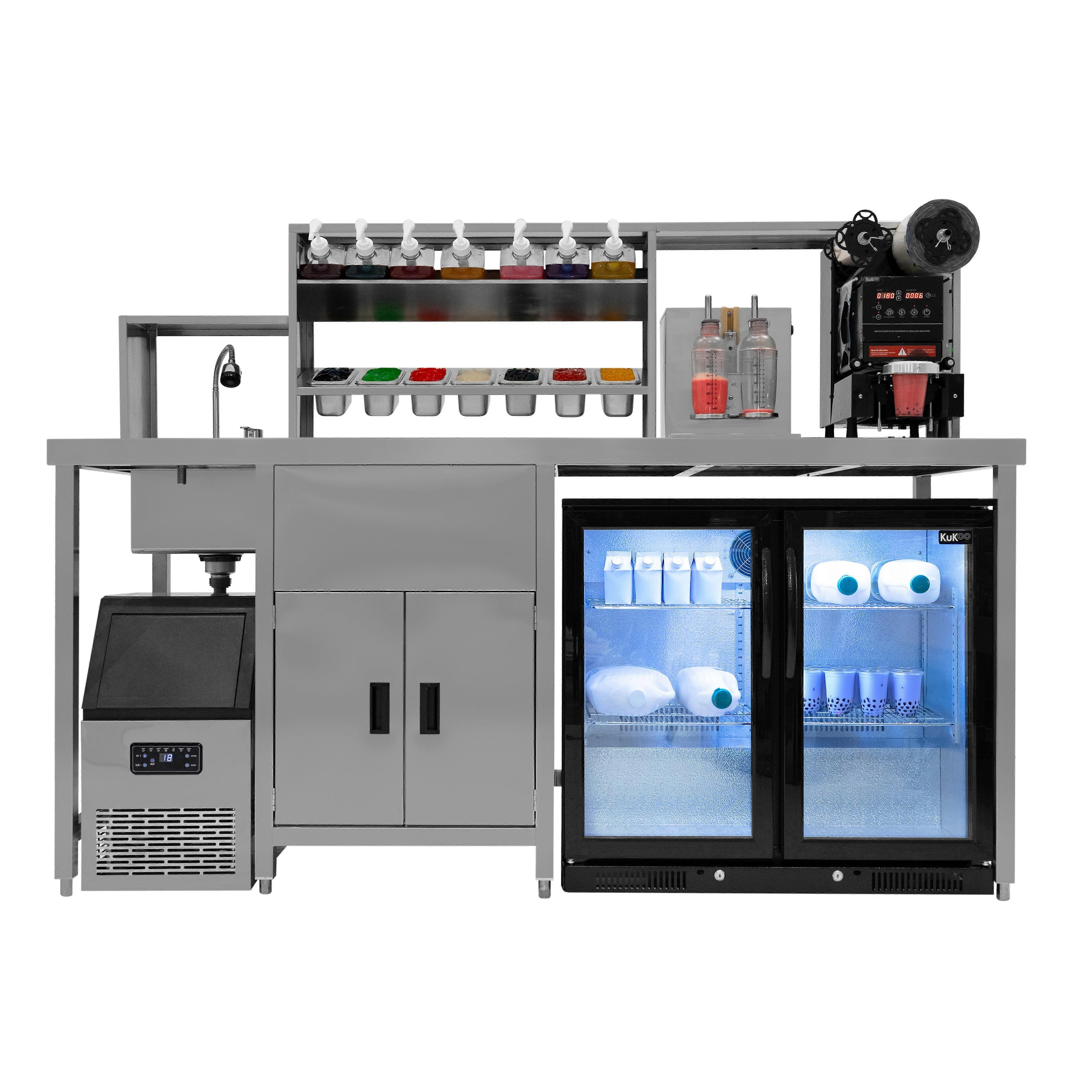 Bubble Tea Workstation Boba Drink Serving Counter Back Bar Fridge Ice Maker Electric Shaker Cup