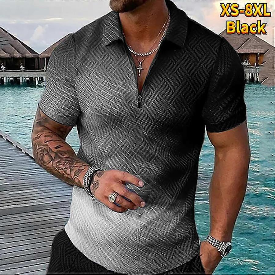 Camiseta casual com lapela, camiseta com zíper para jovens, camiseta de manga curta masculina com estampa texturizada 3D.