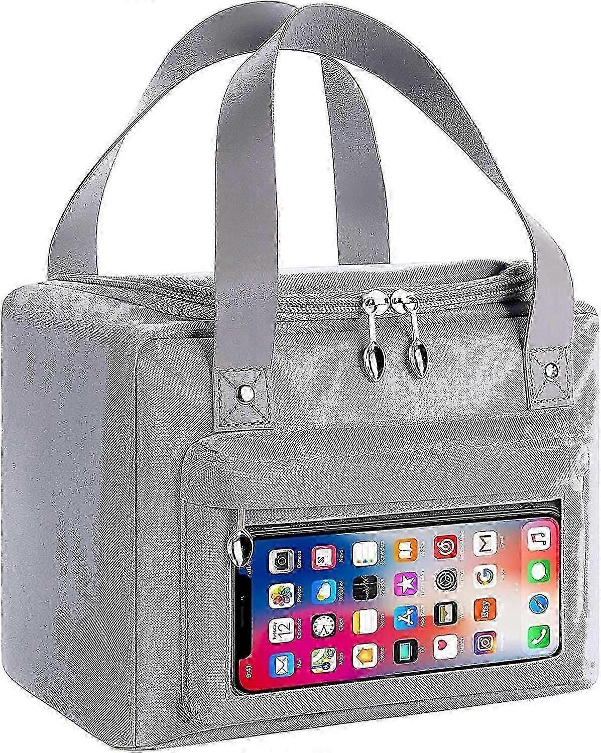 Thermal Insulation Lunch Bag with Pocket, Foldable Waterproof Oxford Picnic Bag (Grey,small)