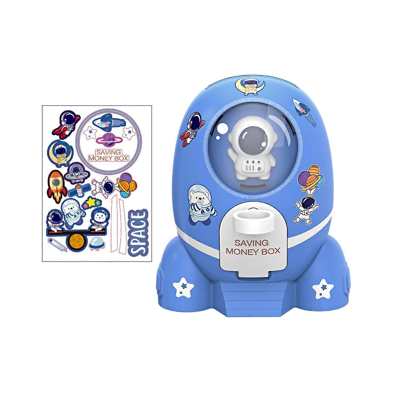 Large Piggy Bank Rocket Astronaut Money Box for Children, Girls, and Boys Large Money Box with Cartoon Sticker and Key Unlock (Blue)