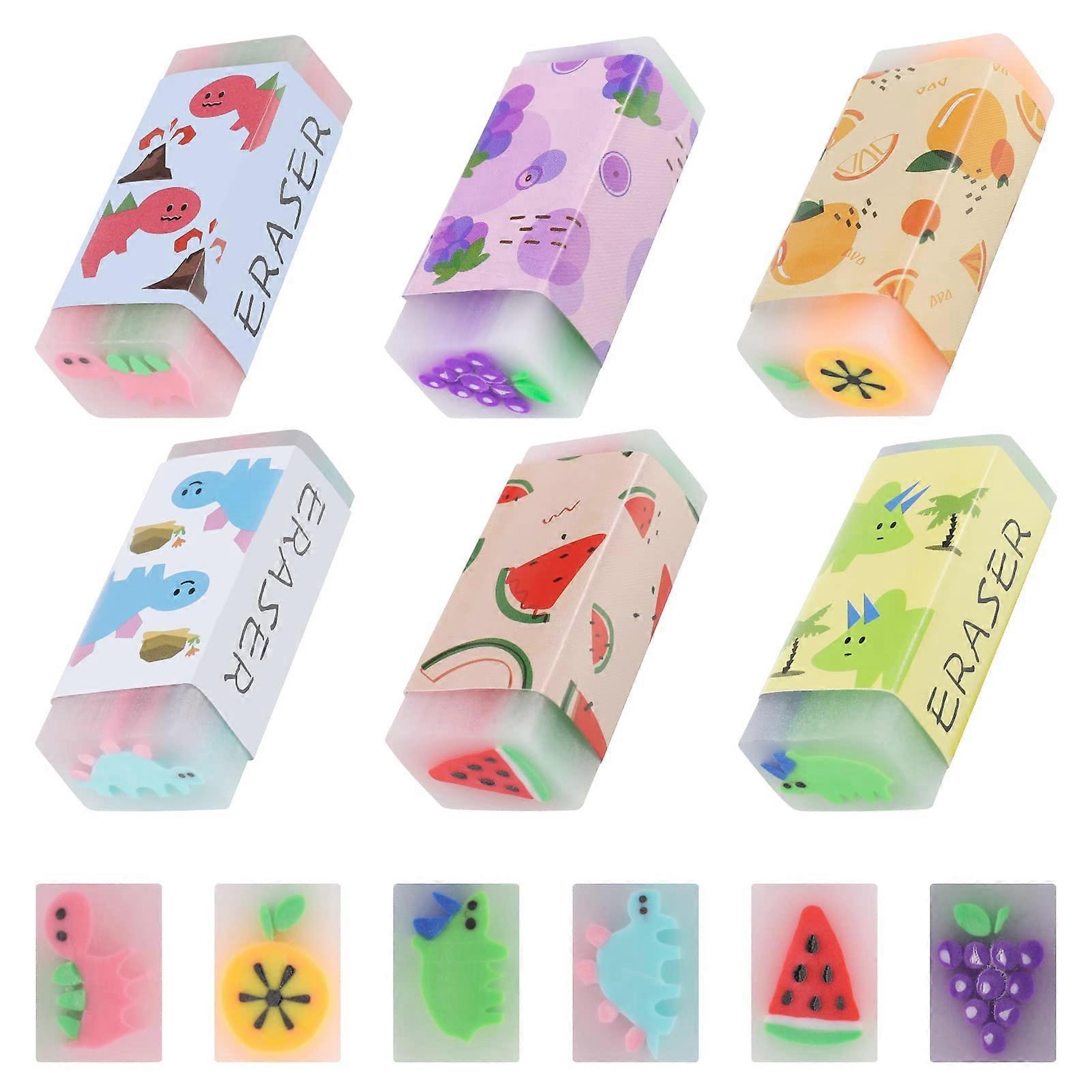 Eraser Set - 6 Piece Dinosaur Pattern and Fruit Scented Erasers for Kids, School, Art, and Office Use