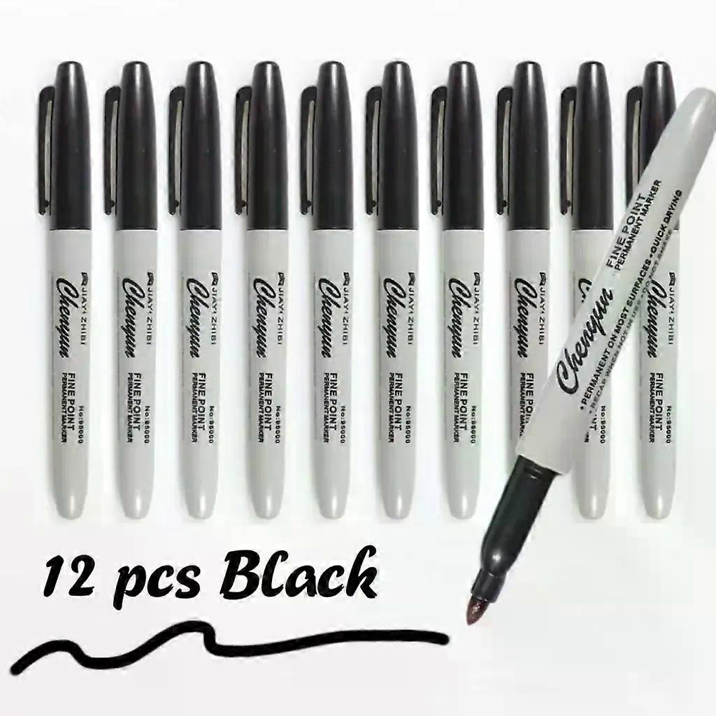 Stand 12pcs Black Permanent Marker Pens, Fine Tip, Waterproof, Quick Drying