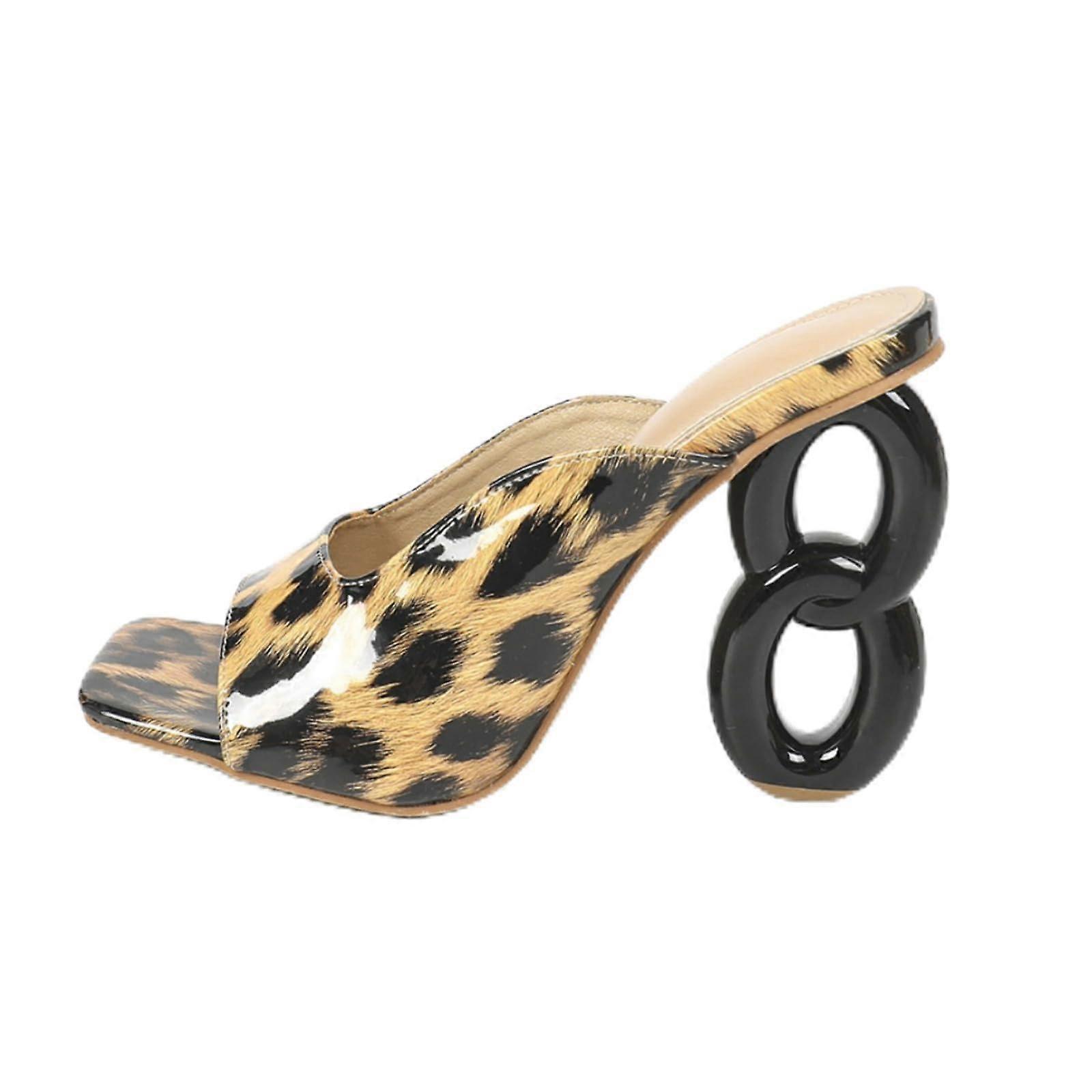 10.5 cm High Heel Sandals Leopard Print Square Toe Open Toe Slip-On Shoes Size 41 EU Yellow