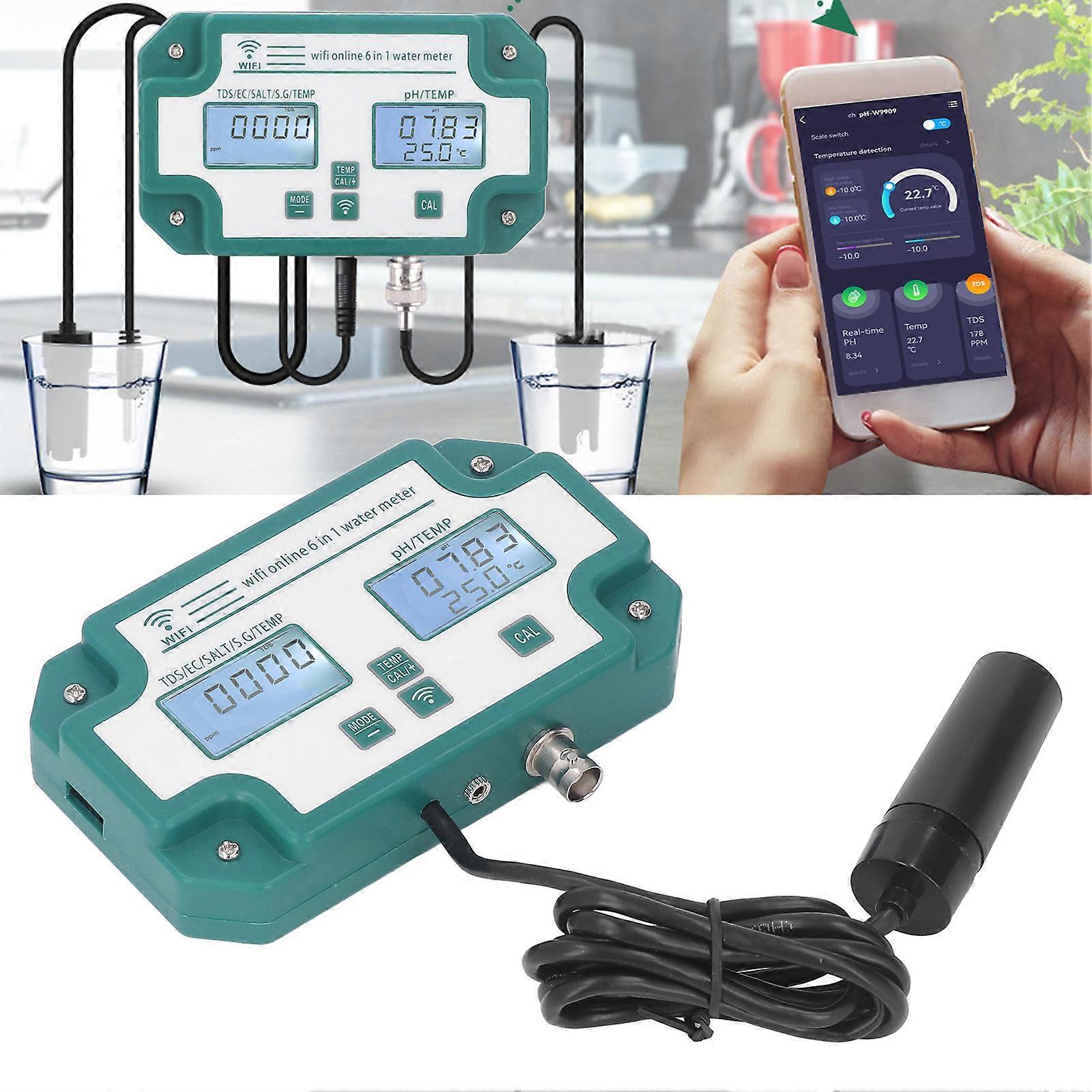 Water Quality Meter High Precise 6 in 1 PH TDS EC SG Salt Temperature Tester WiFi Connection Water Quality Detector US Plug 110V 