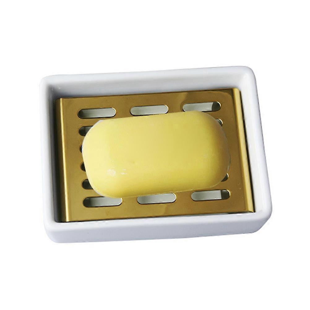 Golden Double Layer Soap Holder with Drain Tray for Bathroom Made of Stainless Steel and Ceramic