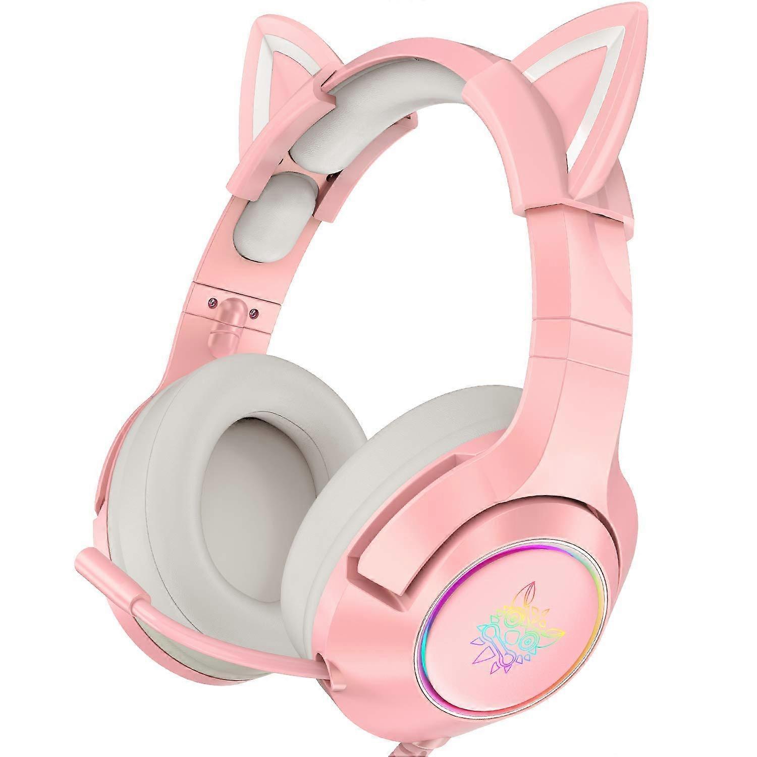 Pink Gaming Headphones with Removable Cat Ears, Wired, Noise Cancelling Microphone, RGB Surround Sound for PS4, PS5, Xbox One, PC, Mobile