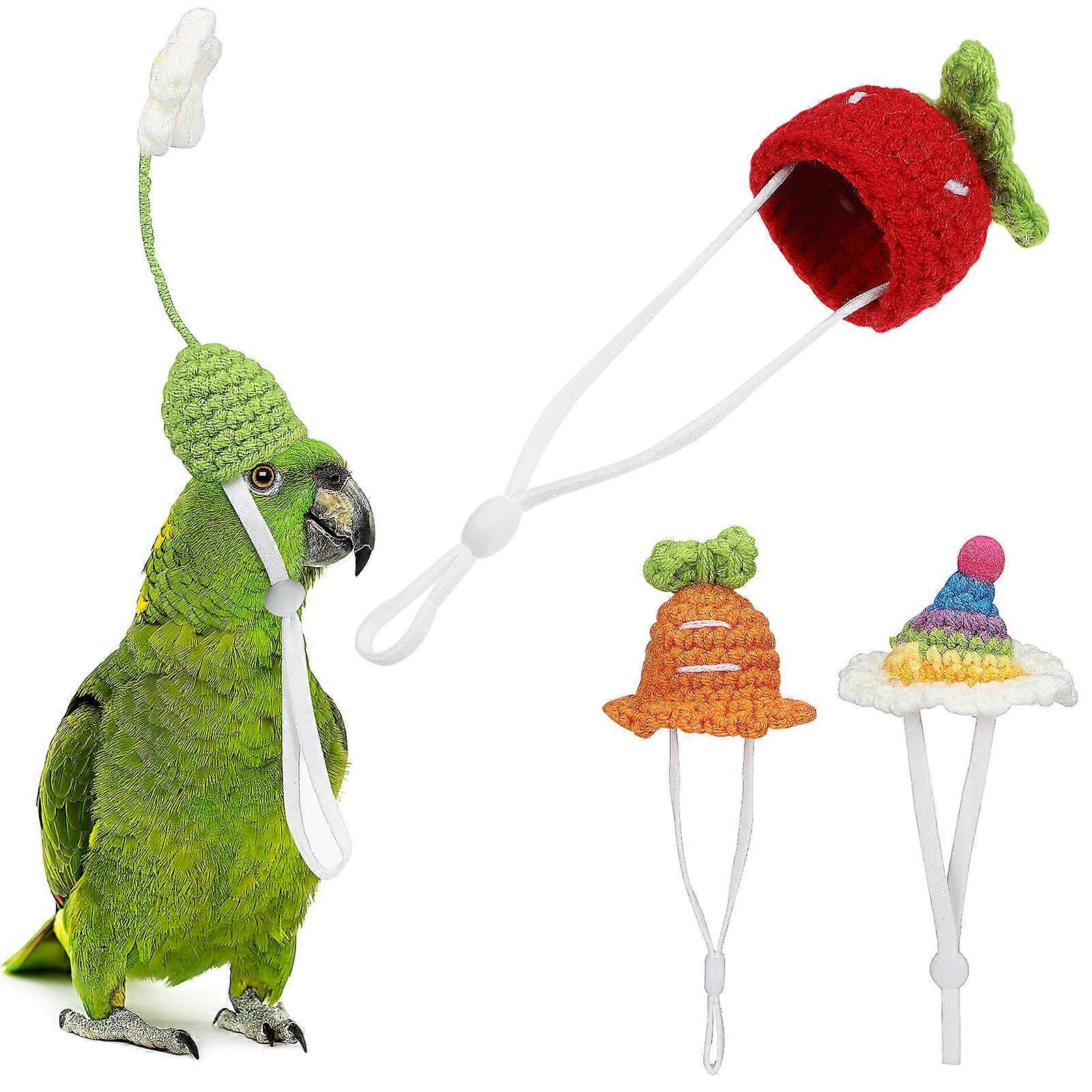4Pcs Knitted Small Animals Hat Assorted Color Carrot Strawberry Flower Rainbow for Daily Use Adjustable Rope