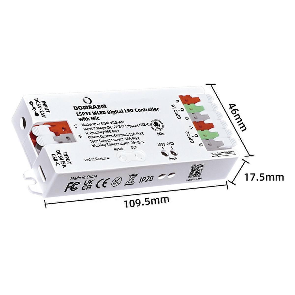  ESP32 WLED Digital LED Strip Controller with Microphone White