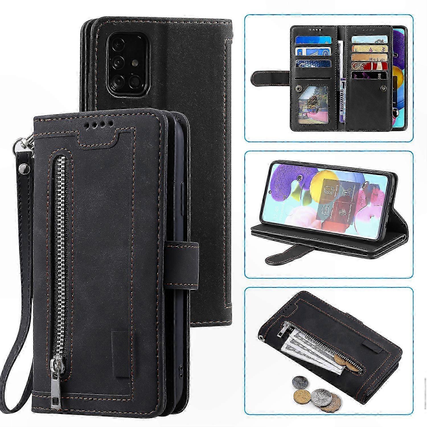 Leather Wallet Case with Card Slots and Zipper Closure for Mobile Phone