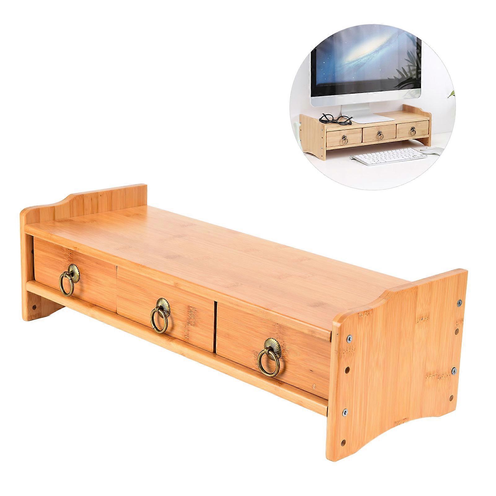 Bamboo Monitor Stand Riser 52x19x15cm with 3 Drawers, Non-Absorbent