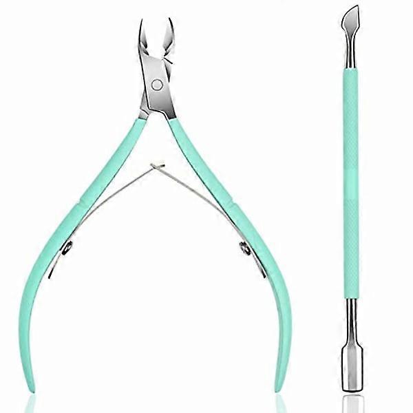 Cuticle Nipper with Pusher - Stainless Steel Green Cuticle Trimmer.