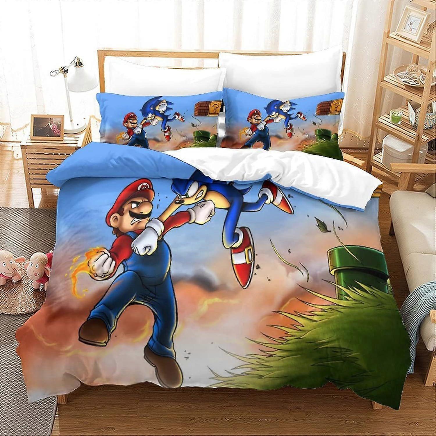 Bedding Sets King Size Bedding Sonic Vs Mario Printed Duvet Cover Soft Hypoallergenic Microfiber Quilt Cover with Pillowcase with Zipeer Closure for i